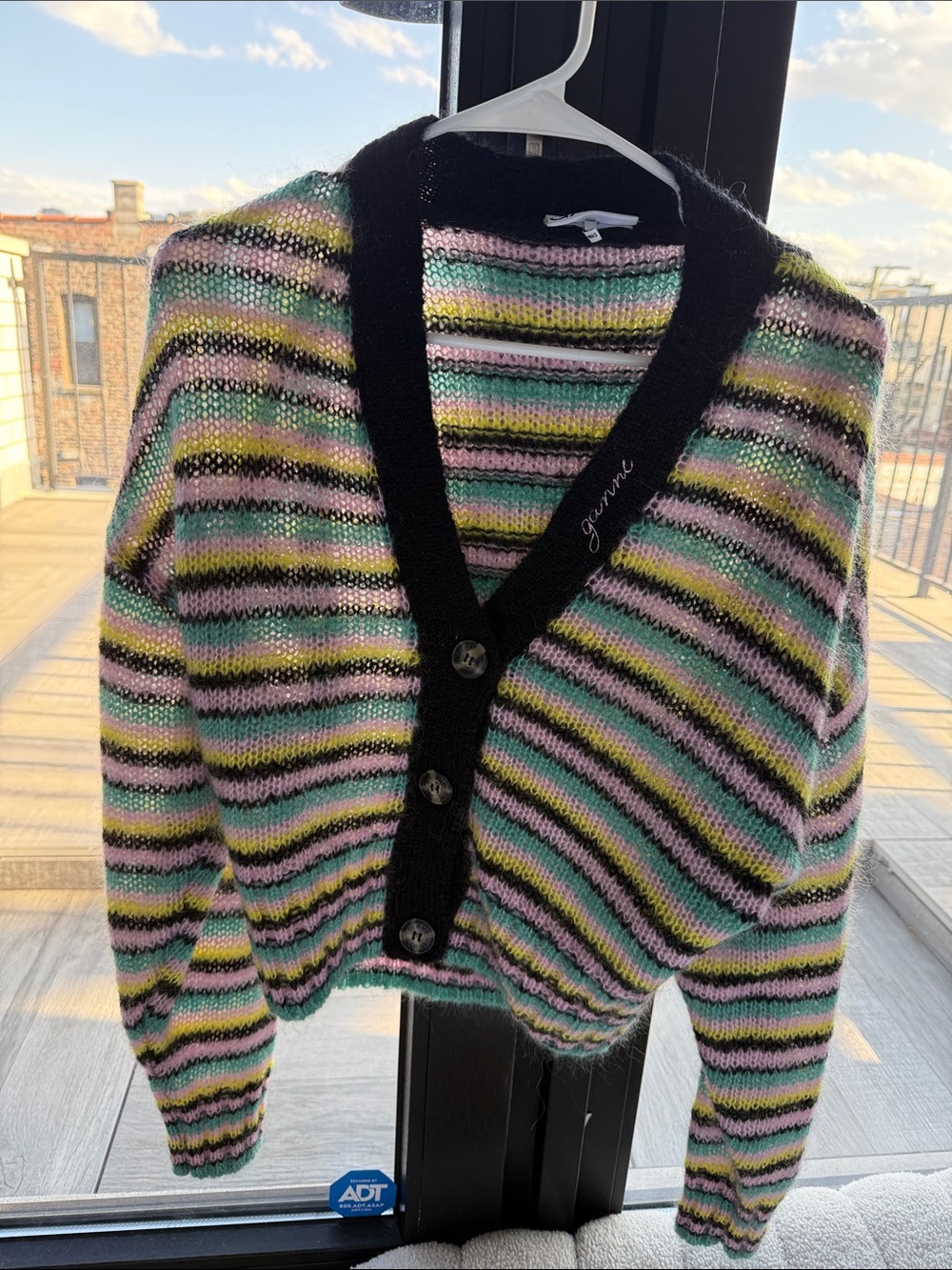 Ganni Striped V‑Neck Button Cardigan in Pink, Green, Black, Cream